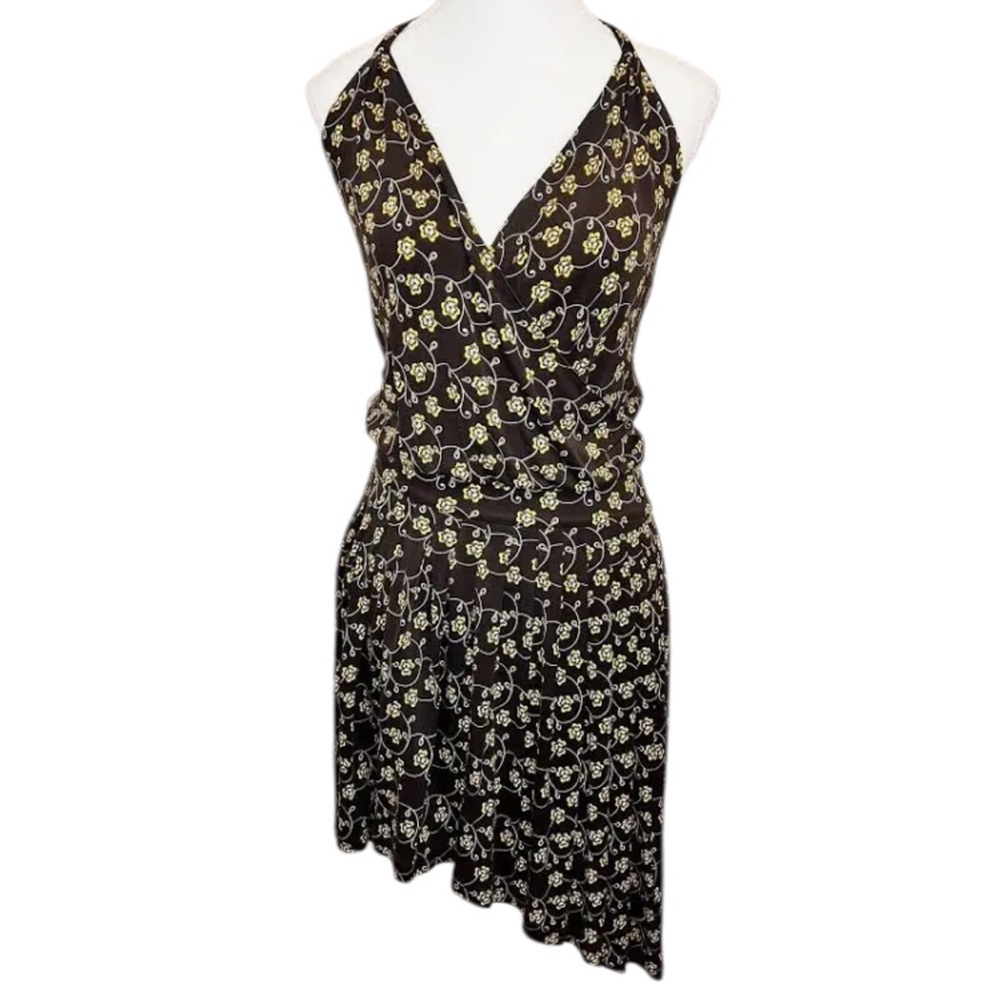 Alice + Olivia Brown and Yellow floral silk Halter Backless Dress Medium Y2K